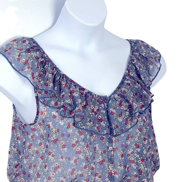Maurices Sheer Button Up Peplum Hem Floral Sleeveless Top size Large - Picture 7 of 13